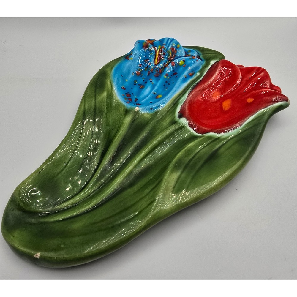 Vintage Ceramic Tulip Floral Spoon Rest Trinket Dish 8" Handmade Cottagecore